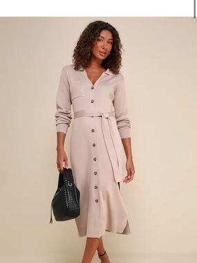 Lulu's Light Beige Button-Front Midi Dress with Tie Waist